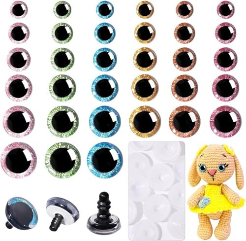 MUCUNNIA 180 Stück 12–30 mm Sicherheitsaugen für Amigurumi, große Glitzer-Sicherheitsaugen für Häkeltiere, Knopfaugen mit Unterlegscheiben für Puppen, Plüschtiere, Teddybärenherstellung (6 Farben)