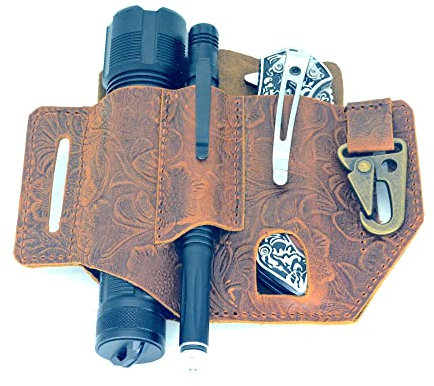 JJNUSA Genuine Leather Multitool Belt Sheath Organizer, Leather EDC Belt Pouch for Men, Belt Holder with Multitool Pouch, Flashlight Holder, Pen Holder Keychain Clip, Knives Sheath Holster