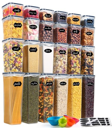 YASHE 24Pack Food Storage Containers with Lids Airtight, Plastic Cereal Storage Containers, BPA Free Kitchen Storage & Organisation for Dry Food, Pasta, Flour & Sugar, with Labels, Marker & Spoon