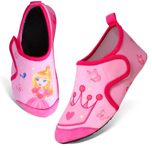 TMEOG Badeschuhe Kinder Wasserschuhe Kleinkind Schwimmschuhe Strandschuhe rutschfeste Aquaschuhe mit Klettverschluss Wattschuhe Meerschuhe Barfussschuhe für Jungen Mädchen(26/27 EU,Prinzessin)
