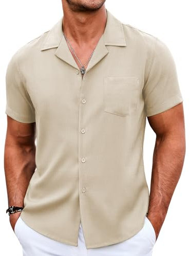 COOFANDY Short Sleeve Shirt Men Summer Shirt Cuban Collar Shirts Casual Holiday Shirts Formal Solid Color Light Brown M