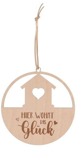 Spruchreif | Holz-Dekohänger Hier wohnt das Glück | Wanddeko | Deko Loop mit Schriftzug | Einzugsgeschenk