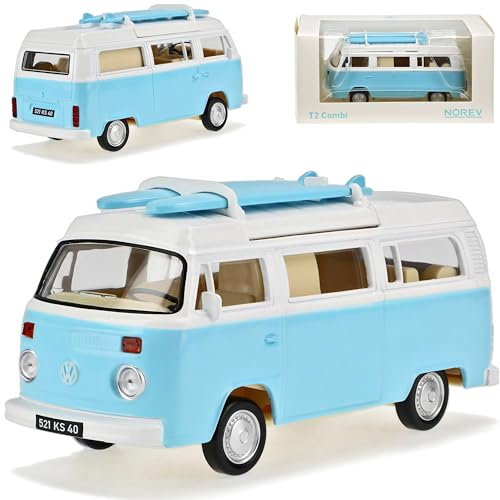 Volkwagen T2 Camping Bus Hell Blau mit Weiss und Surfbrett 1967-1979 1/43 Norev Modell Auto