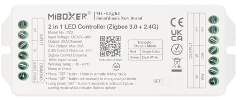 LGIDTECH PZ2 Miboxer Zigbee 3.0 Hochleistungs-2-in-1-LED-Licht-Streifenlicht-Controller, DC 12–48 V, max. Ausgangsleistung 20 A, kompatibel mit Philips Hue