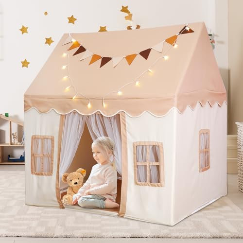 Sinbide Kinderzelt drinnen & draußen, Spielzelt mit Matte und Lichter, Kinder Spielzelt Indoor, Babyzimmer Deko, Lesezelt &Spielzimmer für Kleinkinder (braun 122L x 97B x130H)