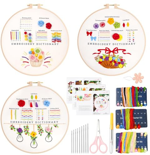Shengxi 3 Stück Stickset für Anfänger Embroidery Kit Blumenmuster Sticken für Erwachsene Ausnähkarten Anfänger mit Stickrahmen, Anleitung und Werkzeuge Kreuzstich Set für DIY Handwerk