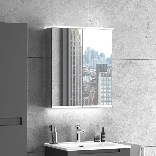 Zentrobad Spiegelschrank 60 cm mit Zwei Türen, LED-Beleuchtung, dimmbar, mit Waschplatz-Beleuchtung, Schrank, Wandschrank, Badschrank mit Licht, Alibert