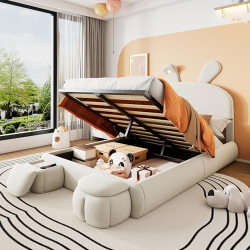 Polsterbett 140x200, Hydraulisch Stauraumbett mit 2 Aufbewahrungshockern und LED-Nachttischbeleuchtung, ausklappbare Hasenohren, LED Doppelbett mit Stauraum und Lattenrost, Samt, Beige, ohne Matratze