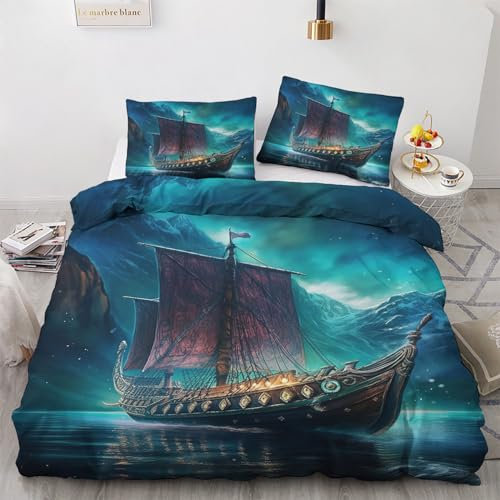 Generisch Wikinger Schiff Deko - Wikinger Bettwäsche 135x200 Sommer, Nordische Mythologie Bettbezug 135 x 200 2er Set mit Kissenbezug 80x80, Weiche Mikrofaser Sommerbettwäsche mit Reißverschluss