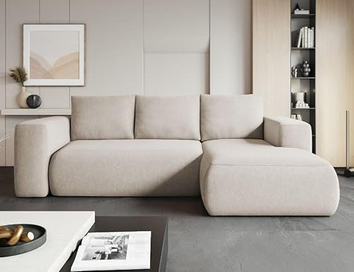 MODERNO Ecksofa mit Schlaffunktion und Bettkasten LAMBI - Sofa mit 3 Sitzen und Robusten Überzug - Schlafcouch L-Form - Modern Couch 266x164x89 cm - Ecke Rechts Hell Beige