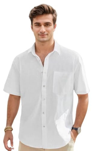 HAGOT Men's Short Sleeve Linen Shirt, Regular Fit Casual Summer Beach Shirt, Light Cotton Beach Shirt Top, with Pocket, White, L