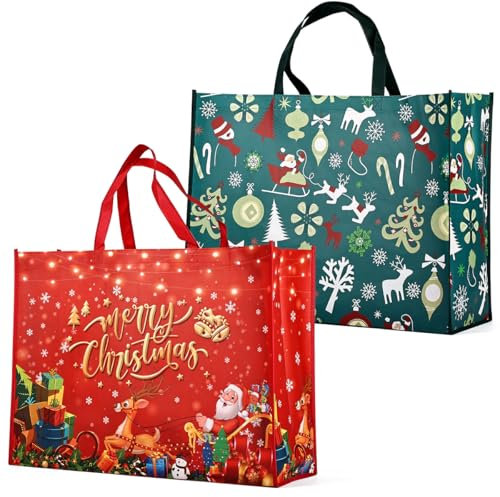 2 Stück Riesige Weihnachtsgeschenktaschen, Tragetaschen mit Griffen, Treat-Taschen, Nichtgewebte Taschen für Geschenke, die Einkaufen verpacken, Weihnachtsfeierzubehör