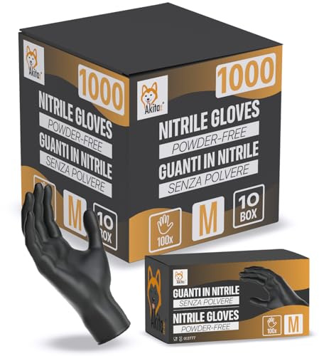 AKITAInk Guanti in Nitrile Neri senza polvere, senza lattice - Ipoallergenici, Resistenti, Ideali per Ambiti Medici e Alimentari per Estetisti, Tatuatori, Ambiti Medici, guanti per alimenti (1000, M)