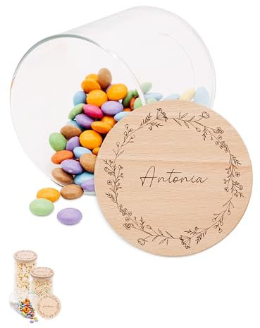 wunderwunsch Personalisierte Vorratsgläser mit Deckel mit Gravur - Vorratsglas Personalisiert individualisiert für Kaffee, Tee, Geschenk Oma Opa Muttertag Frauen (Blumenkranz, klein - 530ml)