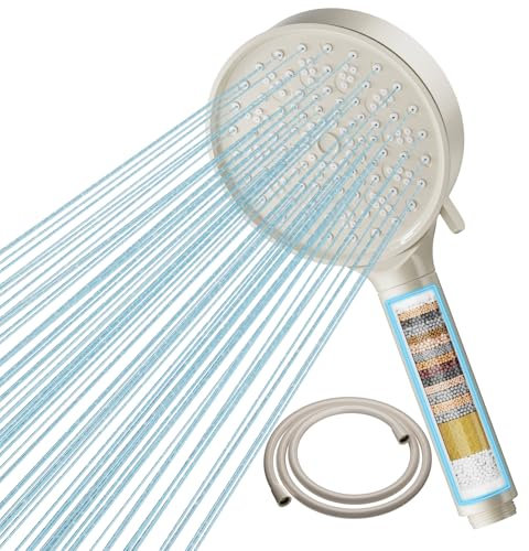 Cobbe Hard Water Filter Shower Head and Hose with 20 Stage Filter, 6 Spray Jet Modes High Pressure Bathroom Shower Head, Large Powerful Handheld Showerhead for Residual Chlorine Remove, Khaki
