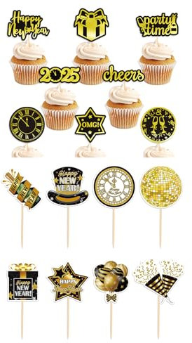 DazzJoy 16 Stk 2025 Tortendeko Happy New Year Kuchendeko,Tortendeko Silvester Deko 2025 Cake Topper Neujahr,2025 Silvester Kuchen Deko,Silvester Party Deko 2025,Happy New Year Cupcake Topper