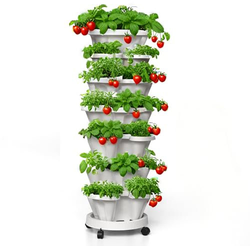 Lykvrii Erdbeer-Pflanzgefäße, 7-stufiger vertikaler stapelbarer Übertopf, Kräuterturm, Garten, Blumen- und Gemüse-Pflanzgefäße mit Stützstange, Innen- und Außenbereich, abnehmbare Räder, Weiß