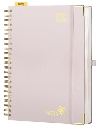 POPRUN Tagesplaner 2025 2026 Ringbuch mit Hardcover 30,5 x 22 cm, Tageskalender A4 1 Tag 1 Seite (Montag - Sonntag), Terminplaner (Aug.2025-Jul.2026) mit Plastiklineal - Hellrosa