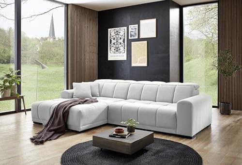 möbelando Wohnlandschaft >Puppet< in Creme, Ottomane Links, elektrische Sitztiefenverstellung, Metallfüße schwarz, Nosagunterfederung, Polyätherschaum, inkl. 2 Zierkissen, 301x81-113x195 cm (BxHxT)