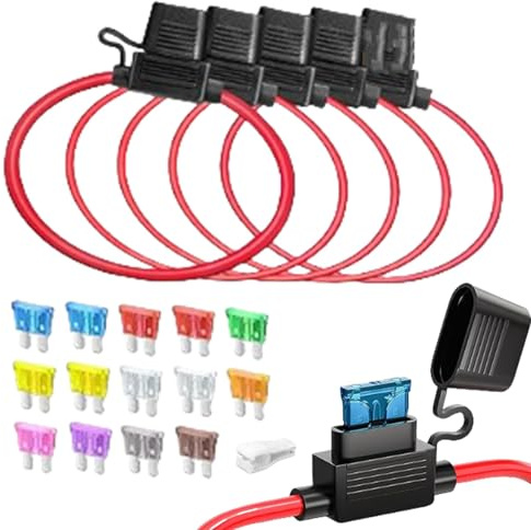 Sicherungshalter Kfz 16AWG 5 Stück, 12V Inline Auto Flachsicherungshalter Wasserdicht Kfz Sicherungshalter für Car, LKW, Motor, Mit 14pcs Standard Sicherungen