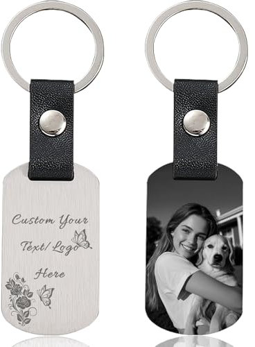 PPorte Clé Personnalisé Porte Clef Photo Porte-clés Personnalisables avec Texte/Icône Gravé Porte Clef para Maison Voiture Moto, Cadeau Personnalisé para Couple Homme Femme (Bracelet en cuir-argent)