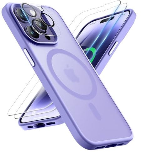 ORETECH Magnetic Case for iPhone 14 Pro Case, with [2 Pack 9H Screen Protector] [Fit for MagSafe] [Military Grade Shockproof] Translucent Matte Back Slim Thin Phone Case Cover - Light Purple