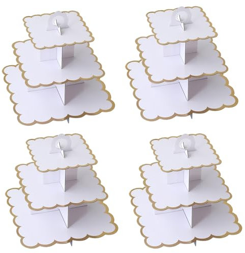 4 Pack Cardboard Cake Stand 3 Tier, Disposable Cupcake Dessert Holder Display Tower Square Afternoon Tea Stands Food Serving Platter for Birthday, Wedding, Party