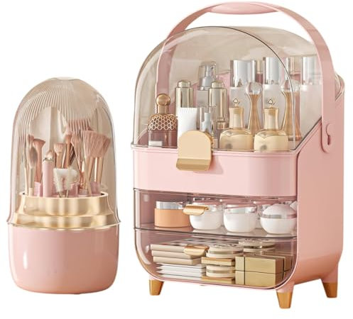 RYDR Multi-Purpose Makeup Organiser Case with Rotating Brush Holder - Dustproof Cosmetic Storage Box for Skincare Products, Jewellery, Perfumes, Lipstick for Bedroom Bathroom Countertop (Pink/Gold)