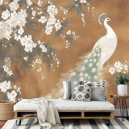 Fototapete 450x315cm (B×H), Japan Malerei Wanddeko Foto Tapete Schlafzimmer Wohnzimmer Seidentuch Tapete, Pfau Blumen Motivtapeten braun Bildtapete 3D Effekt Wand Dekoration