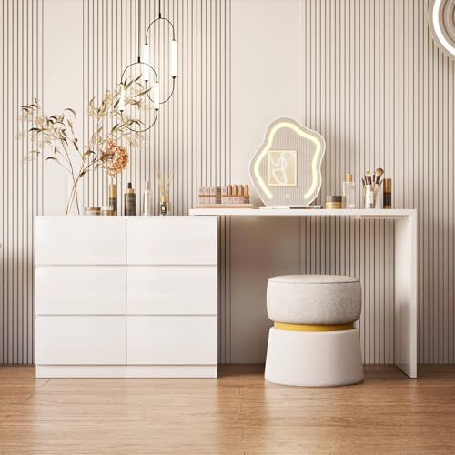 IGTOPS Schminktisch mit Spiegel und LED-Beleuchtung, Vanity Desk Kommode mit 6 Schubladen, nebeneinander oder L-förmig, Ecke Vanity, L-Form ändern, Einstellbares Licht, Schneeweiß