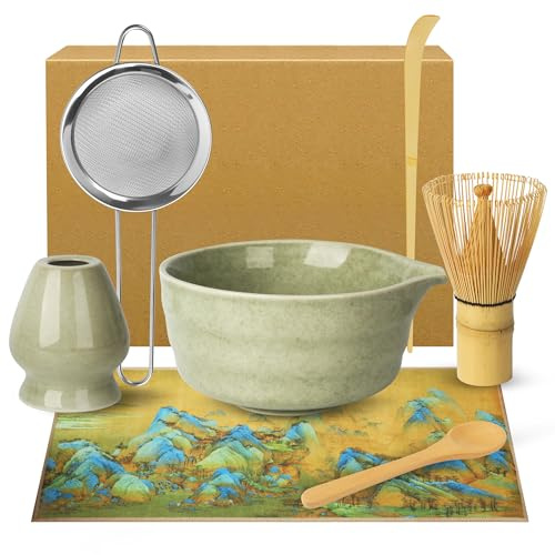 Macha Tea Kit, 7 Pezzi Matcha Kit, Completo con Matcha Whisk, Ciotola Matcha, Supporto Chasen, Setaccio da Matcha, Tappeto con Motivo, 2*Cucchiaio Matcha, Ideale per la Preparazione del tè Matcha