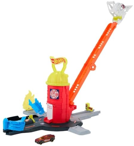 Hot Wheels Toy Car Track Set, City Super Fire Station Rescue Playset & 1:64 Scale Fire Truck, Ladder-Track Extends 16”, 4 Different Exits, Easy Storage
