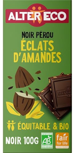 Tablette de Chocolat Noir Eclat d'Amande Bio ALTER ECO - la tablette de 100g Lot De 4 - Par Lot