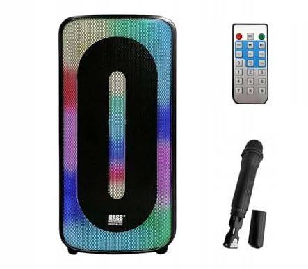 BASS POLSKA Bluetooth Party Lautsprecher mit Karaoke, 150W, LED Beleuchtung, Mikrofon, Fernbedienung, USB, SD-Karte, FM Radio, 3000mAh Akku