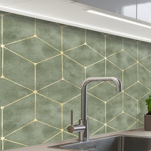 KitchenYeah© Rückwand Küche Rückwandschutz Selbstklebend Spritzschutz | 60x80 cm - Küchenrückwand Küchenfront Küchen Selbstklebende Küchenrückwände Subtil - Geometrisch - Gold - Grün