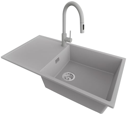 PRIMAGRAN Granitspüle ab 60er Unterschrank + Küchenarmatur, 90x50cm | Set: Küchenarmatur BW9010 + Ablauf-Set (Siphon, Ablaufgarnitur, Überlauf) + Spülbecken 1 Becken - Ibiza , Grau