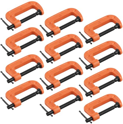 ZEONHAK 12 Pcs 2 Inch Mini C Clamp, 50mm Small G Clamps with Adjustable Screw, Orange, for Wood or Metal Work, Locking Mechanism