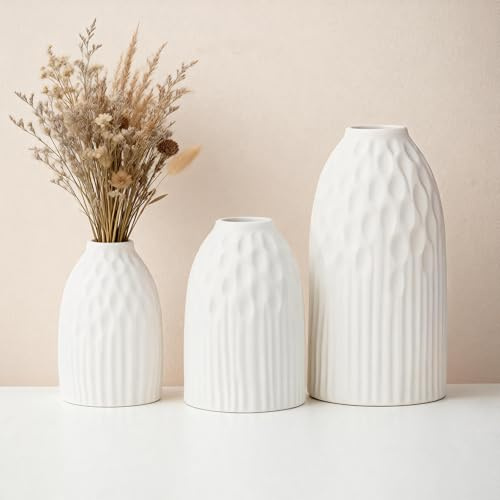 Weiß Vasen Keramik, 3er-Set Kleine Vasen für Wohnzimmer Tischdeko, Moderne Vasen Set mit Polka-Dot & Streifen, Boho Deko Nordischer Stil Dekorative Vase für Pampas Grass & Getrocknete Blumen
