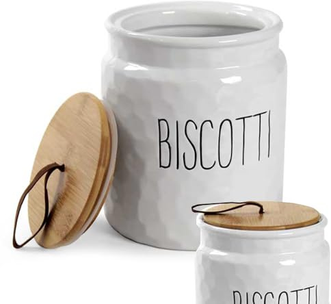 MA MAISON Barattolo Biscottiera 15x18h cm - in Ceramica, Rotondo, Effetto Ondulato, con Scritta Biscotti Nero o Bianco, Tappo in Legno, Chiusura Ermetica, Conservazione, Minimalista (Bianco)