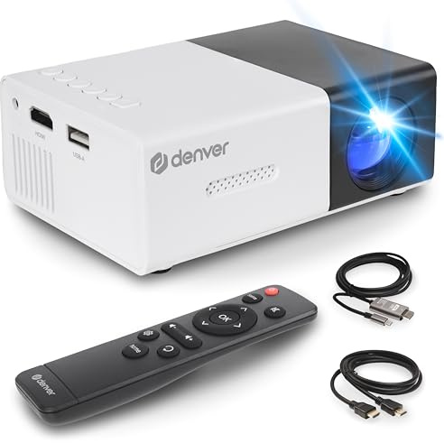 Denver PR-1000 Mini Proiettore LED Portatile Supporta Full HD 1080p con HDMI, USB-C e MicroSD, Proiettore Home Cinema Compatto 20-60 Pollici Dimensioni Schermo