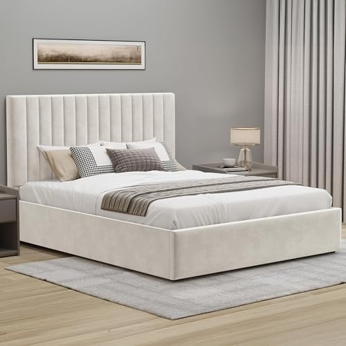Blisswood Upholstered Ottoman Double Bed Frame 4ft6, Velvet Fabric Bed Frame With Storage, Ottoman Storage Bed With Gas Lift End Opening Wooden Slats, (4ft6 Beige, No Mattress Included)