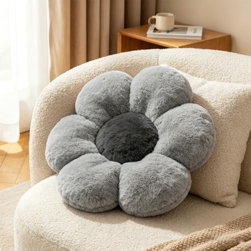 HonorHut Süßes Blumenkissen, graues Plüsch-Zierkissen | ästhetisches Boden-Sitzkissen Weiches Kissen mit Blütenmotiv für das Homeoffice, das Café, das Auto oder das Sofa
