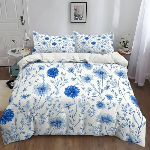 Vintage Plant Chrysanthemum Duvet Cover Set Brushed Microfiber Bedding Set King 230 x 220 cm Ultrasoft Hypoallergenic Reversible White Duvet Set Non Iron Luxury Quilt Cover with Zipper Closure