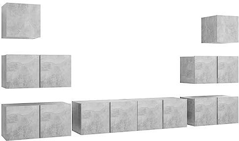 Foknhdi 8-TLG. TV-Schrank-Set Betongrau, Modernes Lowboard hängend aus Holzwerkstoff, 8-teilige Wohnwand wandmontiert für das Wohnzimmer, TV-Board Set mit viel Stauraum