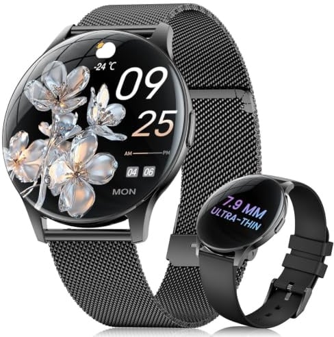ESFOE Damen Smartwatch Ultradünn,1.43 AMOLED Smart Watch mit Bluetooth Anrufe,Uhr Damen Herren mit 120 Sportmodi Pulsuhr Schlafmonitor Schrittzähler, IP68 Fitnessuhr für iOS Android Schwarz