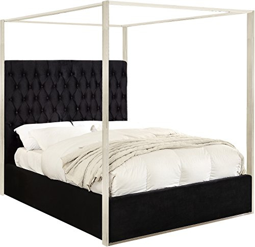 Meridian Furniture Porter Collection Modern | Contemporary Velvet Upholstered Bed with Deep Detailed Tufting and Chrome Canopy, Black, Queen
