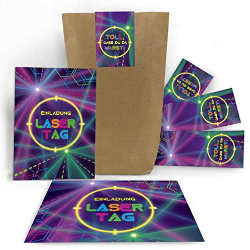 Junaversum 10 Einladungskarten zum Geburtstag Kindergeburtstag Lasertag Party Mädchen Jungen Erwachsene/Laser Tag incl. 10 Umschläge, 10 Tüten, 10 Aufkleber