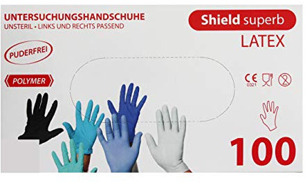 Shield Superb Latex Einweghandschuhe, Untersuchungshandschuhe, puderfrei, finger-texturiert, 100 Stück (XL)