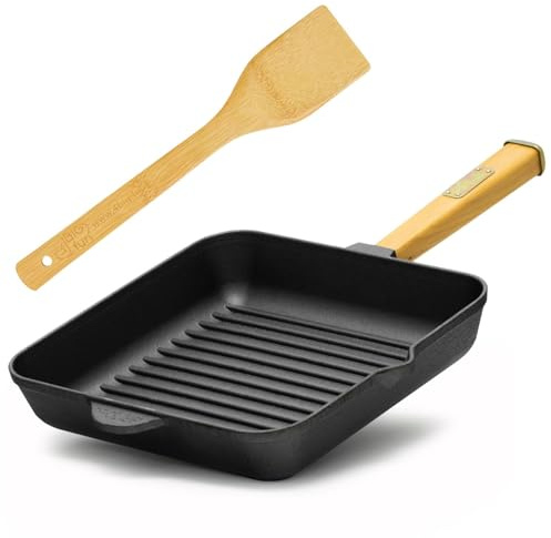 4BIG.fun 28cm Grill-Bratpfanne von BRIZOLL aus Gusseisen mit Holzgriff abschraubbar und Pfannenwender