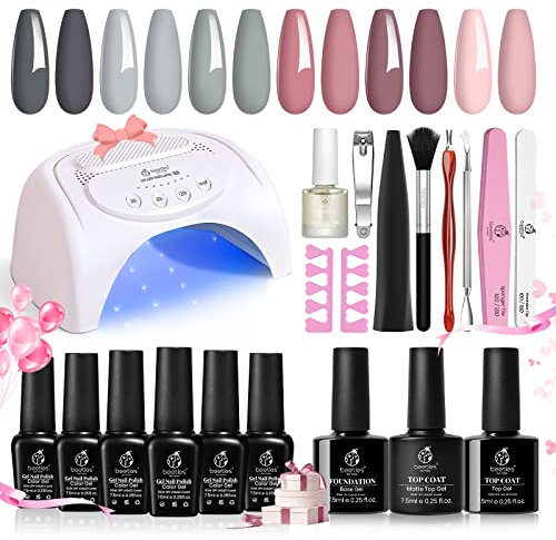 Beetles Gel Polish Nail Starter Kit 6 Colours Nail Salon Set with 48W Nail Lamp Gray Nude Pink Gel Nail Polish Starter Kit with Base Top Coat Nail Gel Polish Nail Art Manucure DIY Gift for Girls